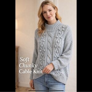 Sarah Campbell Chunky Cable Knit Sweater Blue Cotton Blend Cozy Pullover L